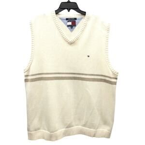 Vintage 90's Tommy Hilfiger Cream V Neck Sweat Vest Tan Stripe Men's XL